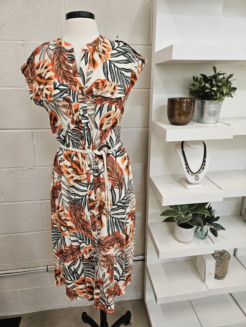 Palm Print Linen Blend Dress